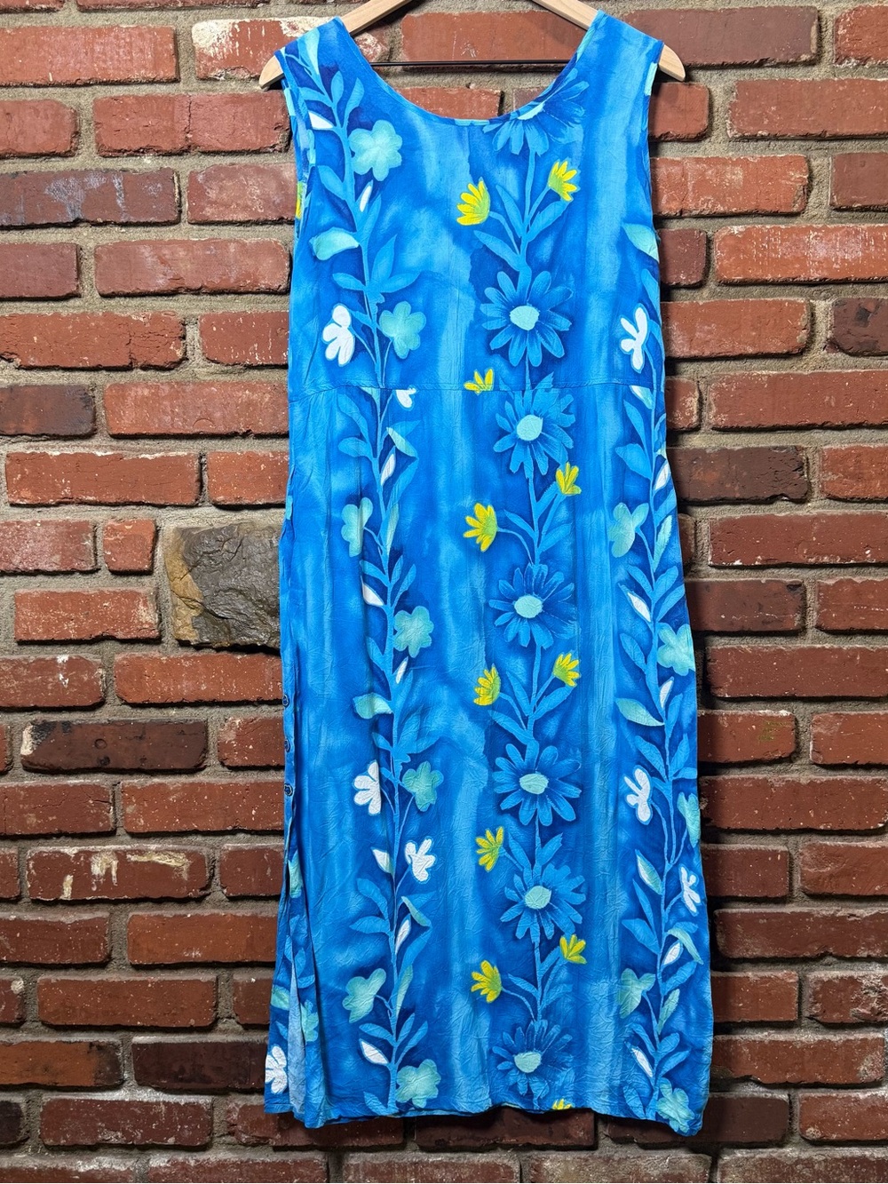 Vintage 90s Jams World Dress Womens small Blue Midi Floral Blue Pockets FLAWED - Picture 2 of 16